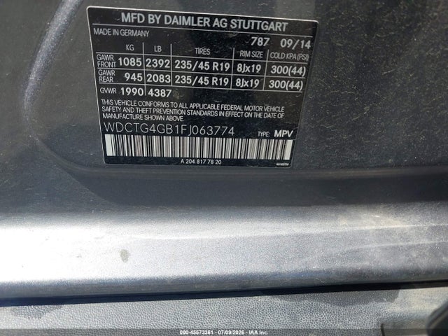 45573361 :رقم المزاد ، WDCTG4GB1FJ063774 vin ، 2015 Mercedes-benz Gla 250 4matic مزاد بيع