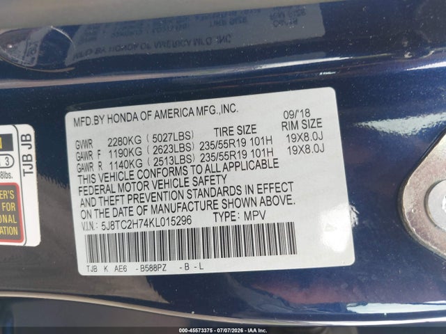 Продаж на аукціоні авто 2019 Acura Rdx Advance Package, vin: 5J8TC2H74KL015296, номер лоту: 45573375