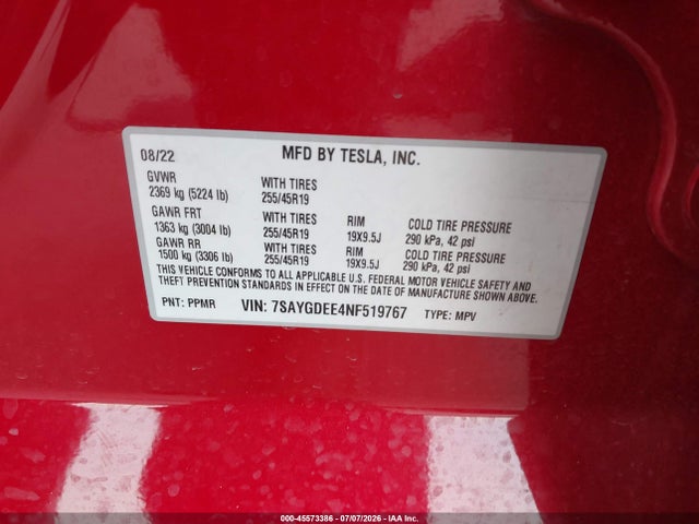 Продажа на аукционе авто 2022 Tesla Model Y Long Range Dual Motor All-wheel Drive, vin: 7SAYGDEE4NF519767, номер лота: 45573386