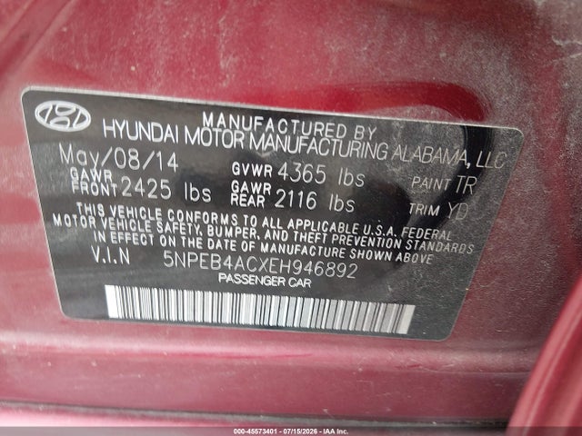 Hyundai SONATA GLS 2014 5NPEB4ACXEH946892 Image 9