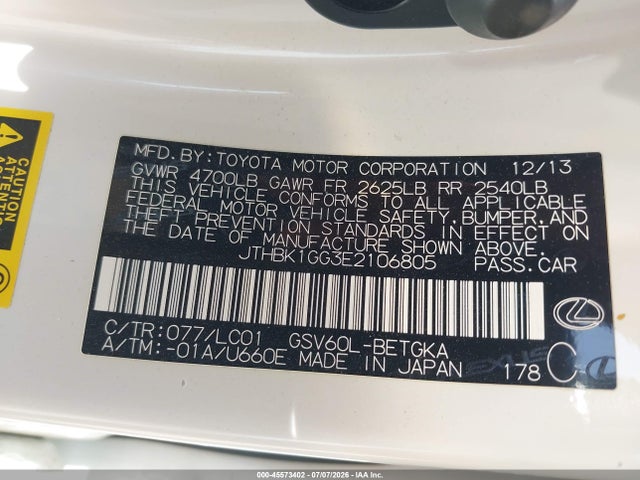 Aukcja sprzedaży 2014 Lexus Es 350, vin: JTHBK1GG3E2106805, numer aukcji: 45573402