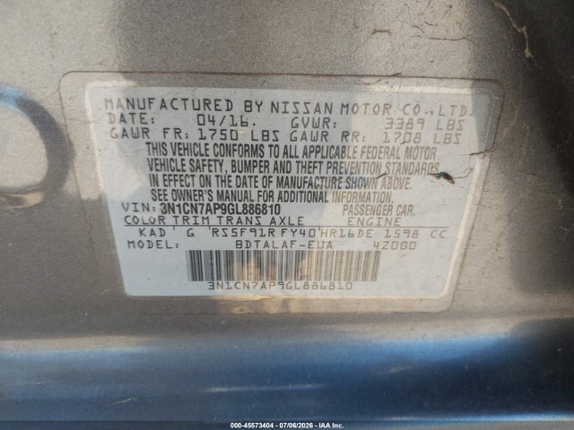 Nissan Versa 1.6 S 2016 3N1CN7AP9GL886810 Image 9