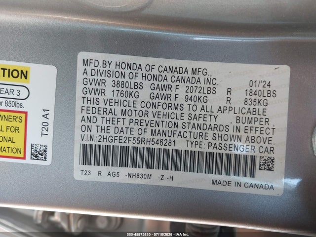 Honda Civic Sport 2024 2HGFE2F55RH546281 Image 9