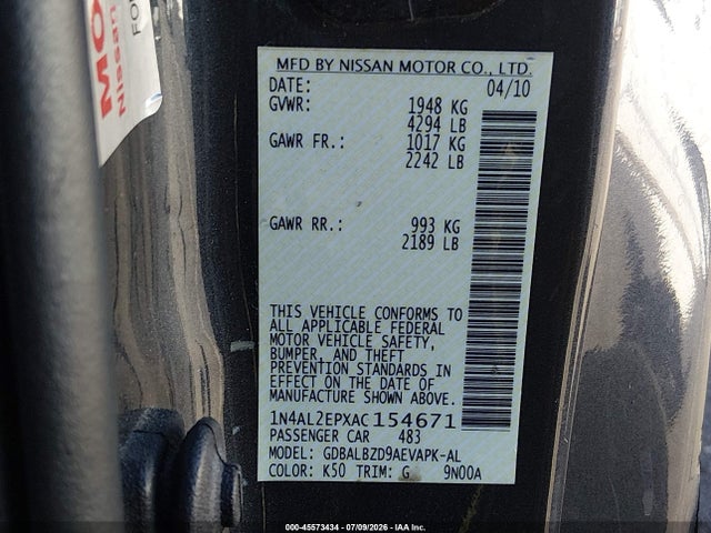 2010 Nissan Altima 2.5 S მანქანა იყიდება აუქციონზე, vin: 1N4AL2EPXAC154671, აუქციონის ნომერი: 45573434