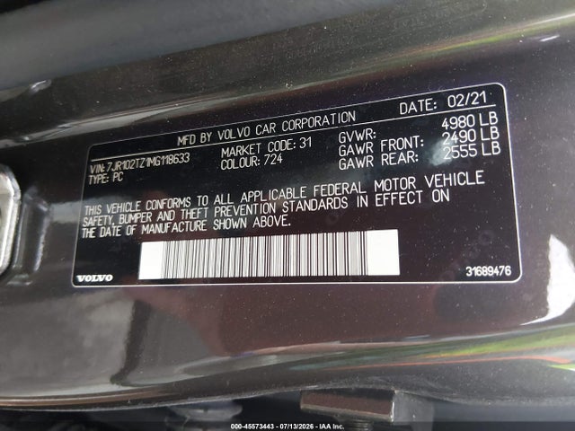 Aukcja sprzedaży 2021 Volvo S60 T5 Momentum, vin: 7JR102TZ1MG118633, numer aukcji: 45573443