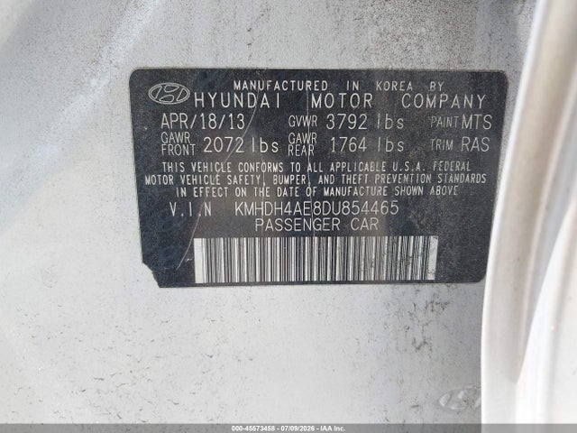 2013 Hyundai Elantra Gls მანქანა იყიდება აუქციონზე, vin: KMHDH4AE8DU854465, აუქციონის ნომერი: 45573458