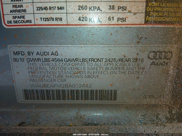 Aukcja sprzedaży 2011 Audi A3 2.0t Premium, vin: WAUBEAFM2BA012462, numer aukcji: 45573459