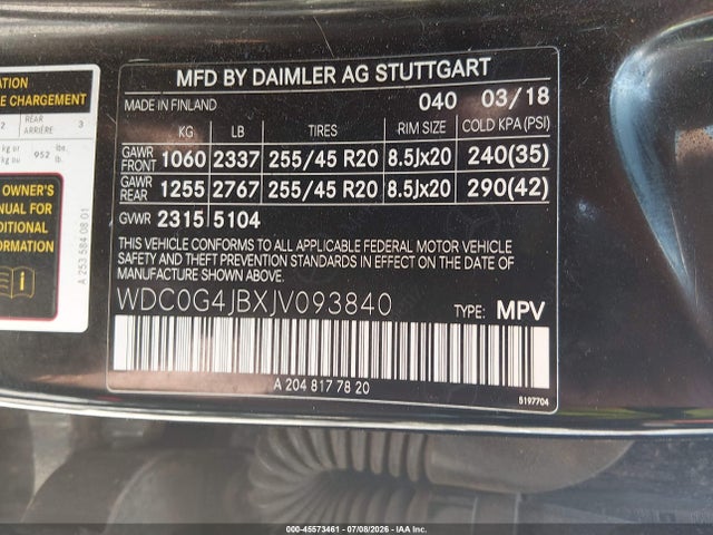 45573461 :رقم المزاد ، WDC0G4JBXJV093840 vin ، 2018 Mercedes-benz Glc 300 مزاد بيع