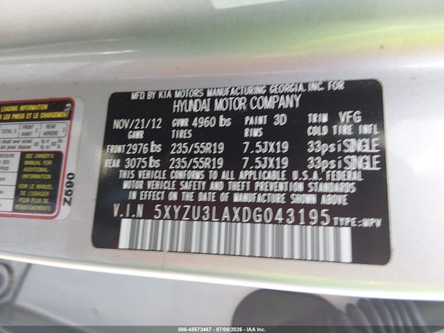 Продаж на аукціоні авто 2013 Hyundai Santa Fe Sport 2.0t, vin: 5XYZU3LAXDG043195, номер лоту: 45573467