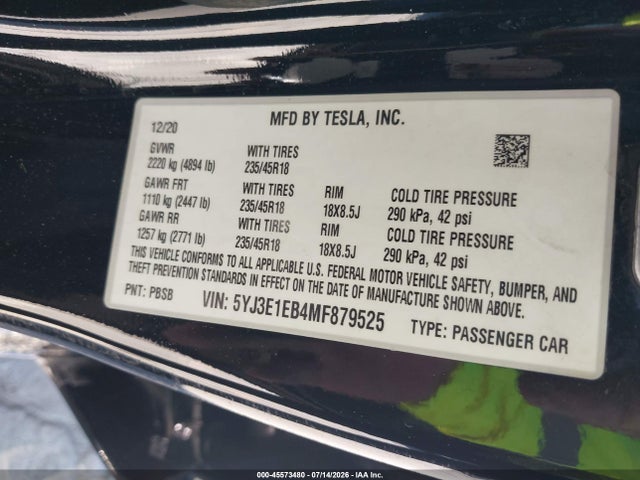 5YJ3E1EB4MF879525 Tesla Model 3 Long Range Dual Motor All-wheel Drive