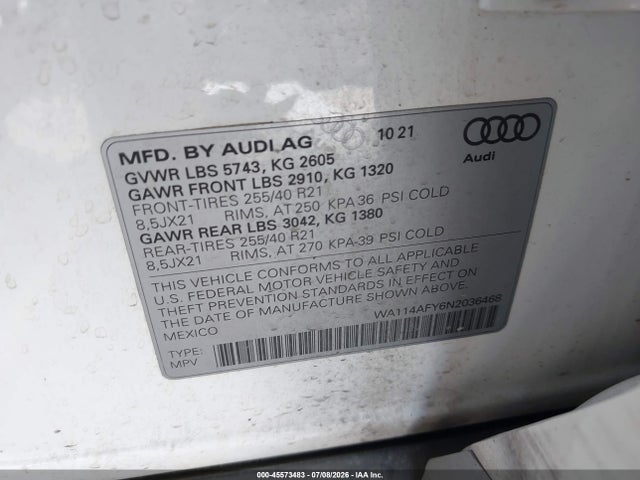 WA114AFY6N2036468 Audi Sq5 Sportback Premium Tfsi Quattro Tiptronic