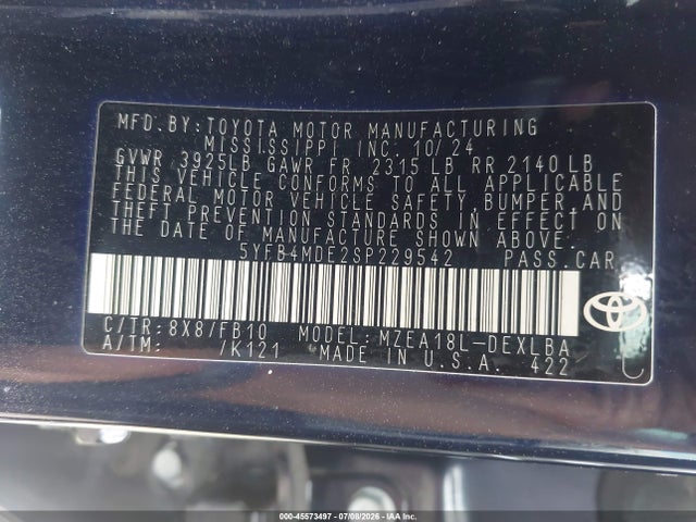Aukcja sprzedaży 2025 Toyota Corolla Le, vin: 5YFB4MDE2SP229542, numer aukcji: 45573497