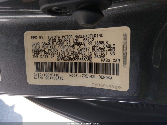 45573503 :رقم المزاد ، 5YFBU4EE3CP055352 vin ، 2012 Toyota Corolla L مزاد بيع