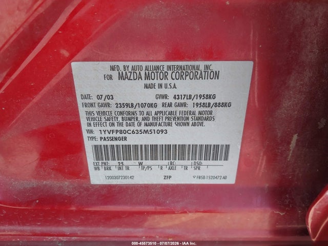 Продаж на аукціоні авто 2003 Mazda Mazda6 I, vin: 1YVFP80C635M51093, номер лоту: 45573510