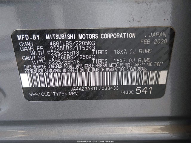 JA4AZ3A31LZ038433 Mitsubishi Outlander Es 2.4 S-awc/le 2.4 S-awc/se 2.4 S-awc/sel 2.4 S-awc/sp 2.4 S-awc