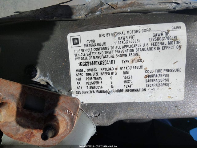 Продаж на аукціоні авто 1999 Chevrolet S-10 Ls, vin: 1GCCS1440XK204161, номер лоту: 45573523