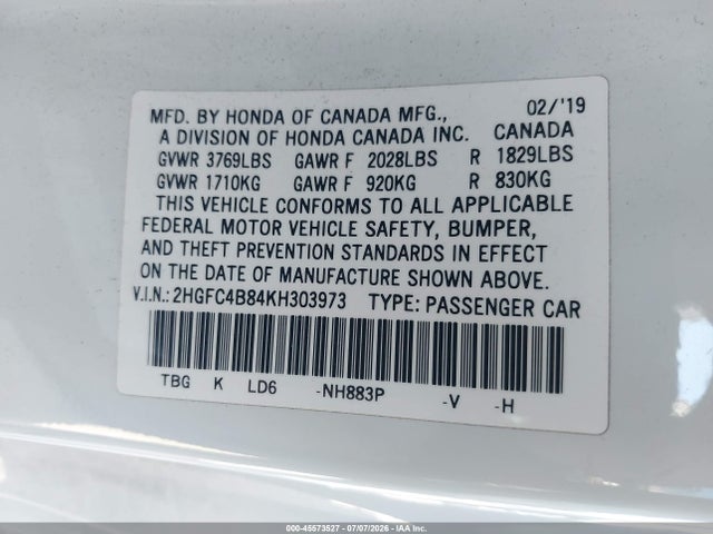 Honda Civic Sport 2019 2HGFC4B84KH303973 Image 9