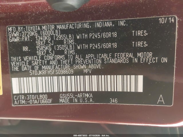 Toyota Highlander Xle V6 2015 5TDJKRFH5FS098609 Image 9
