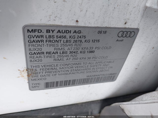 45573538 :رقم المزاد ، WA1BNAFY9J2208469 vin ، 2018 Audi Q5 2.0t Premium/2.0t Tech Premium مزاد بيع