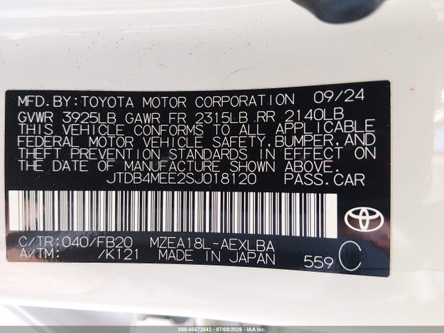 Продажа на аукционе авто 2025 Toyota Corolla Le, vin: JTDB4MEE2SJ018120, номер лота: 45573542