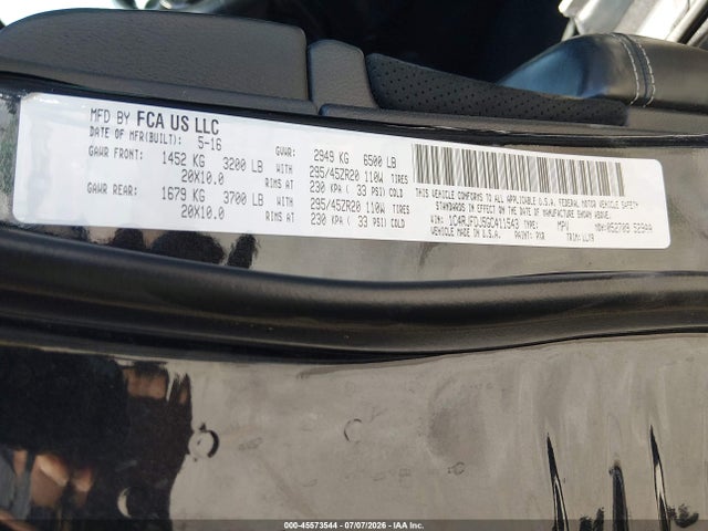 45573544 :رقم المزاد ، 1C4RJFDJ5GC411543 vin ، 2016 Jeep Grand Cherokee Srt Night مزاد بيع