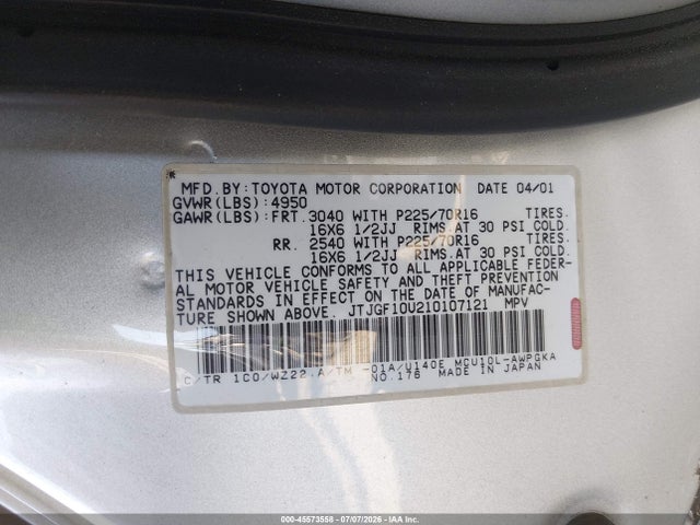 Aukcja sprzedaży 2001 Lexus Rx 300, vin: JTJGF10U210107121, numer aukcji: 45573558