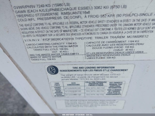 Продажа на аукционе авто 2012 Montana Travel Trailer, vin: 4YDF38026C4702318, номер лота: 45573559