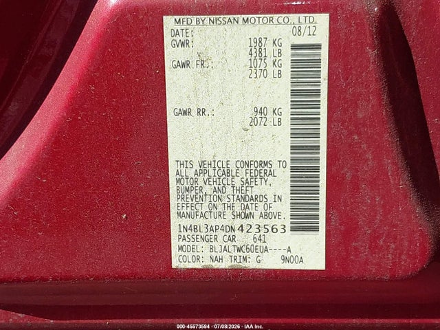Auction sale of the 2013 Nissan Altima 3.5 Sv, vin: 1N4BL3AP4DN423563, lot number: 45573594
