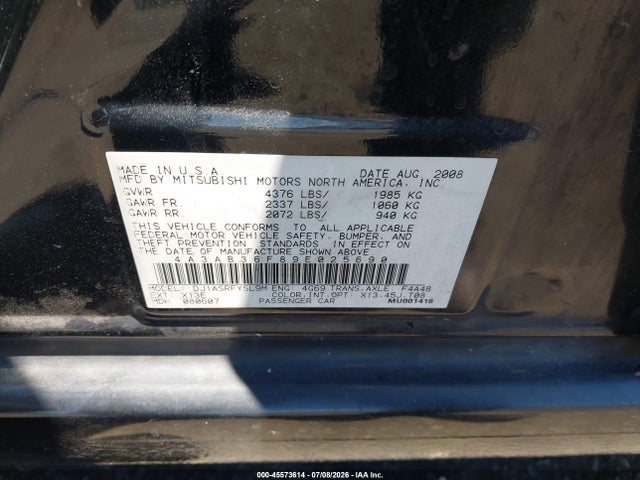 2009 Mitsubishi Galant Es/sport Edition მანქანა იყიდება აუქციონზე, vin: 4A3AB36F89E025690, აუქციონის ნომერი: 45573614