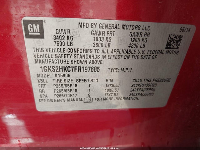 Продаж на аукціоні авто 2015 Gmc Yukon Xl 1500 Slt, vin: 1GKS2HKC7FR197685, номер лоту: 45573618