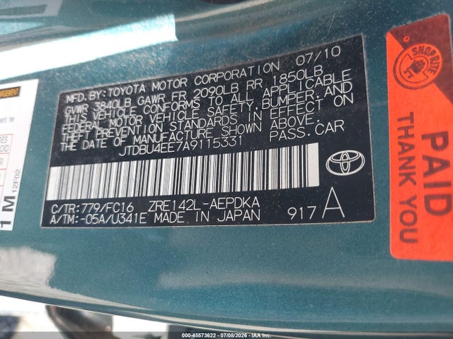 45573622 :رقم المزاد ، JTDBU4EE7A9115331 vin ، 2010 Toyota Corolla Le مزاد بيع