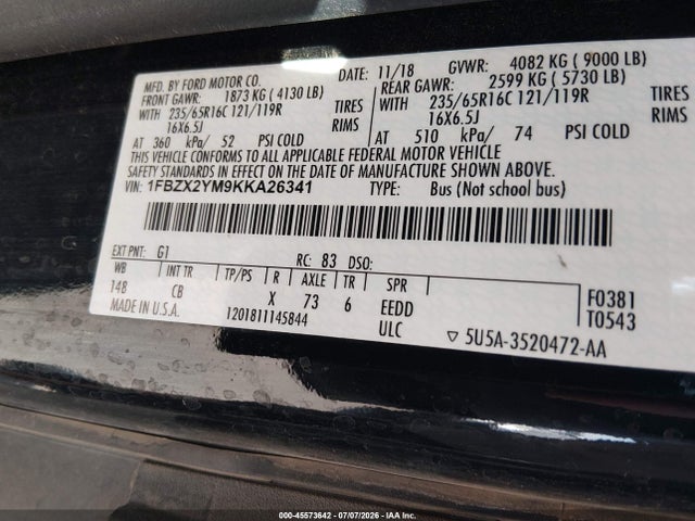 1FBZX2YM9KKA26341 Ford Transit-350 Xl