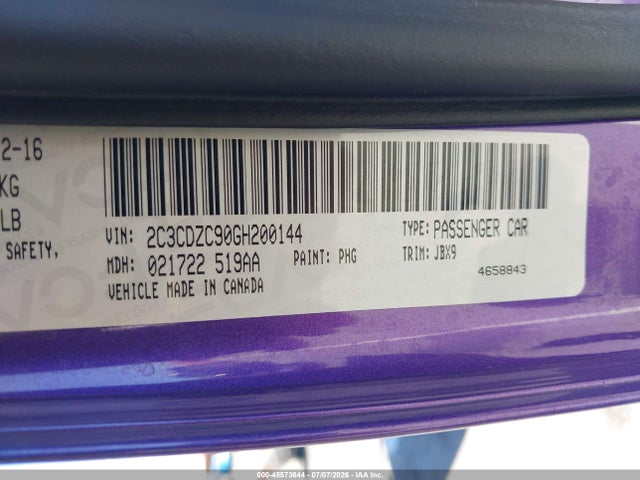 Продажа на аукционе авто 2016 Dodge Challenger Srt Hellcat, vin: 2C3CDZC90GH200144, номер лота: 45573644