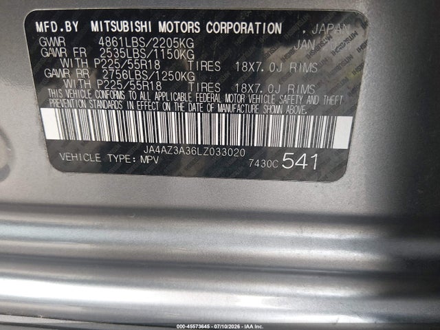 Продажа на аукционе авто 2020 Mitsubishi Outlander Es 2.4 S-awc/le 2.4 S-awc/se 2.4 S-awc/sel 2.4 S-awc/sp 2.4 S-awc, vin: JA4AZ3A36LZ033020, номер лота: 45573645