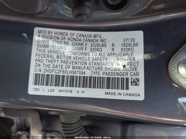 2HGFC2F80LH567594 Honda Civic Sport