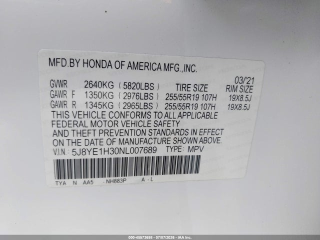 2022 Acura Mdx Standard მანქანა იყიდება აუქციონზე, vin: 5J8YE1H30NL007689, აუქციონის ნომერი: 45573658