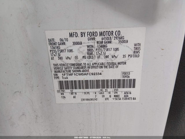2010 Ford F-150 Stx/xl/xl W/mid-box Prep/xlt/xlt W/mid-box Prep მანქანა იყიდება აუქციონზე, vin: 1FTMF1CW0AFC92334, აუქციონის ნომერი: 45573668