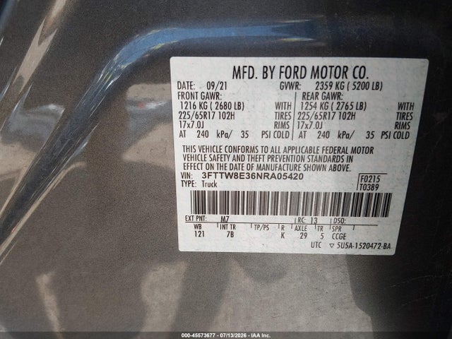 Aukcja sprzedaży 2022 Ford Maverick Xlt, vin: 3FTTW8E36NRA05420, numer aukcji: 45573677