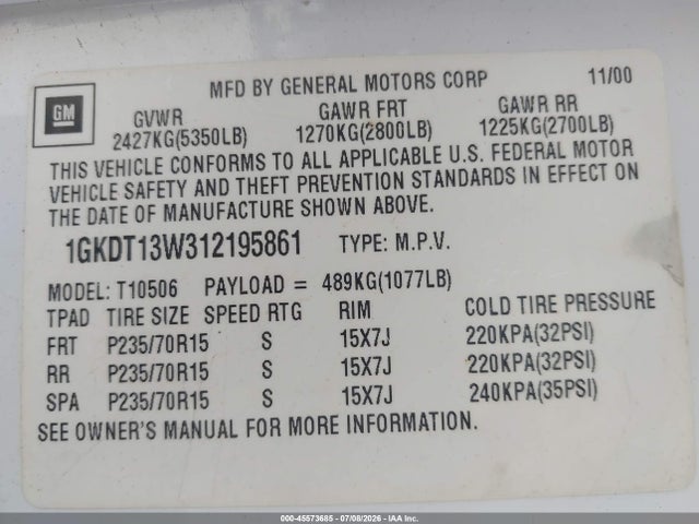 45573685 :رقم المزاد ، 1GKDT13W312195861 vin ، 2001 Gmc Jimmy Sle مزاد بيع