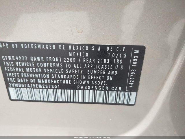 2014 Volkswagen Jetta 1.8t Se მანქანა იყიდება აუქციონზე, vin: 3VWD07AJ9EM237301, აუქციონის ნომერი: 45573696