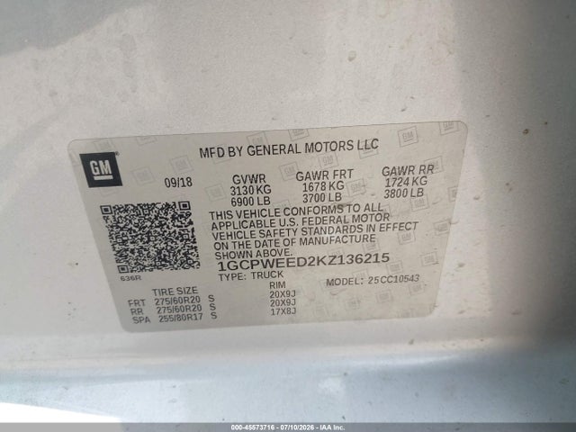 Aukcja sprzedaży 2019 Chevrolet Silverado 1500 Ltz, vin: 1GCPWEED2KZ136215, numer aukcji: 45573716