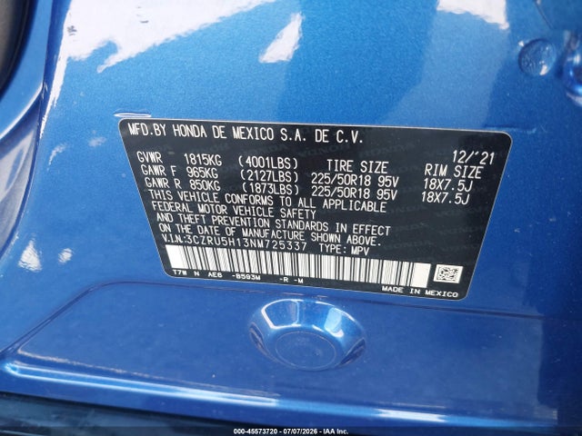 3CZRU5H13NM725337 Honda Hr-v 2wd Sport