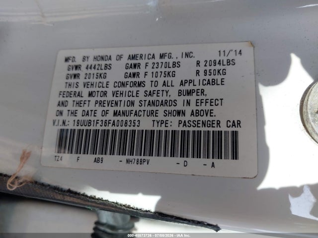 45573726 :رقم المزاد ، 19UUB1F36FA008353 vin ، 2015 Acura Tlx مزاد بيع