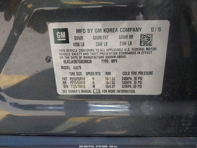 45573754 :رقم المزاد ، KL4CJASB7GB590639 vin ، 2016 Buick Encore مزاد بيع