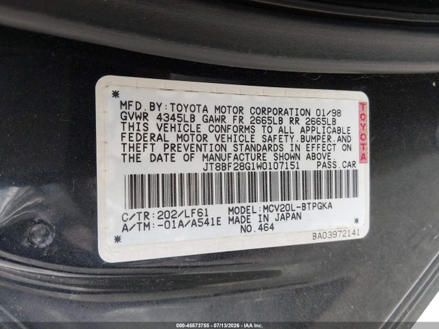 Aukcja sprzedaży 1998 Lexus Es 300, vin: JT8BF28G1W0107151, numer aukcji: 45573755