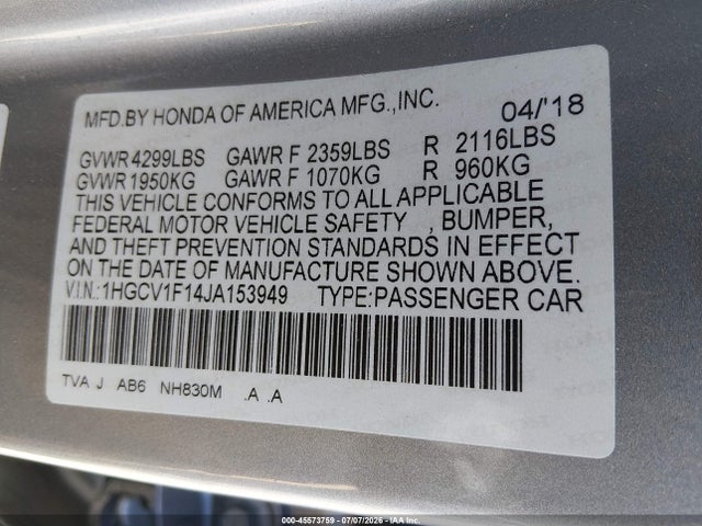 Honda ACCORD LX 2018 1HGCV1F14JA153949 Image 9