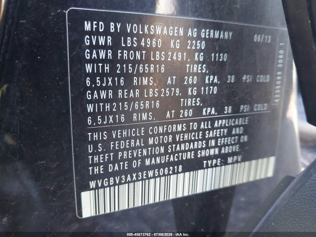45573762 :رقم المزاد ، WVGBV3AX3EW506218 vin ، 2014 Volkswagen Tiguan S مزاد بيع