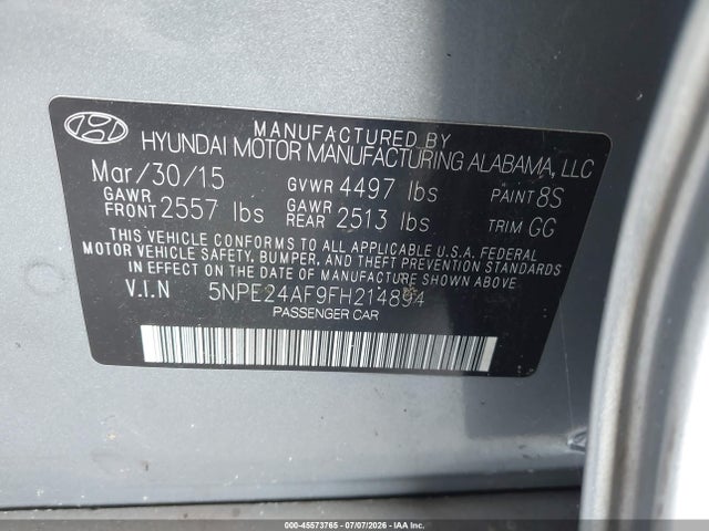 45573765 :رقم المزاد ، 5NPE24AF9FH214894 vin ، 2015 Hyundai Sonata Se مزاد بيع