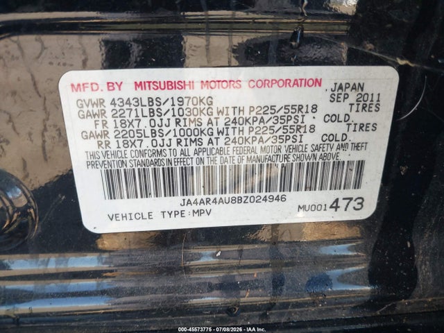 2011 Mitsubishi Outlander Sport Se მანქანა იყიდება აუქციონზე, vin: JA4AR4AU8BZ024946, აუქციონის ნომერი: 45573775