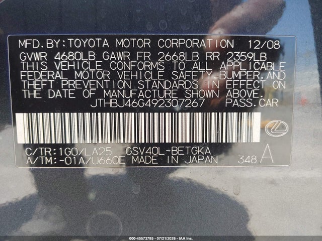 45573785 :رقم المزاد ، JTHBJ46G492307267 vin ، 2009 Lexus Es 350 مزاد بيع